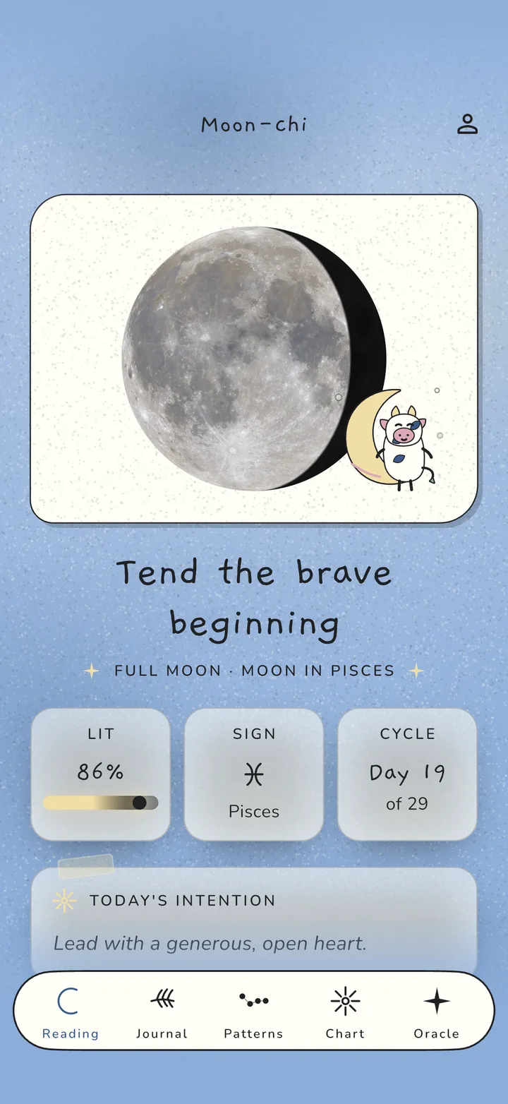 Moon-chi reading screen with a full moon at 86% lit, moon in Pisces, cycle day 19 of 29 and today's intention.